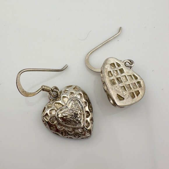 Sterling Silver Heart Dangle Earrings with Small Natural Diamond in Center - Picture 7 of 10
